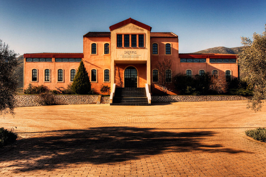 entrance of the building with stone walls of 'Domaine Skouras'